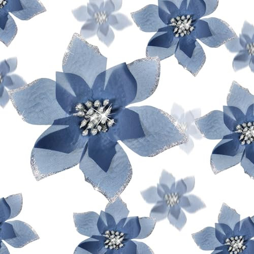 WILLBOND 24 Stück 3 Größen Glitzer Weihnachtsblumen Künstliche Weihnachtsstern Blumen Weihnachtsbaum Blumenschmuck Ornamente für Weihnachtsbaum Neujahr Hochzeit (3,2/4/6 Zoll, Grau Blau)
