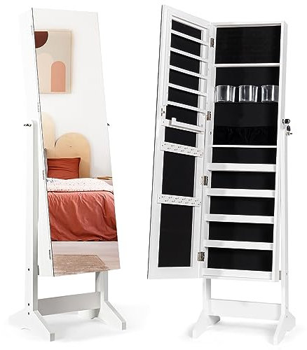 HOMASIS Armoire à bijoux sur pied, organisateur de bijoux en bois avec miroir sur toute la longueur, rangement de bijoux avec 24 crochets, 120 trous pour boucles d'oreilles, 41 x 36,5 x 146 cm (blanc)