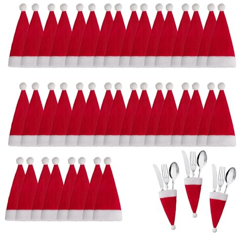 YHUIKXIN 40 Pcs Mini Felt Santa Hats Santa Hat Tableware Knife Spoon Fork Holder Christmas Tableware Silverware Holders Lollipop Christmas Hats for Christmas Xmas Dinner Table Decoration Party Decor