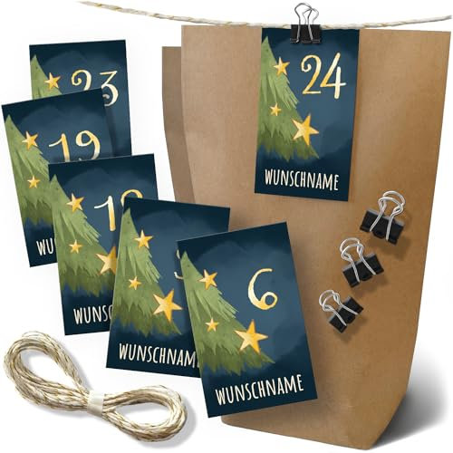 Großes Adventskalender Set PERSONALISIERT mit Wunschname - mit je 24 Tüten, Zahlen-Karten, Klammern und 5m Kordelband - Modern Zauberhaft Edel Weihnachtskalender Weihnachten