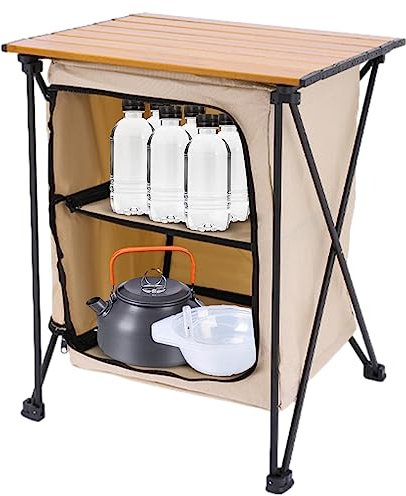 Campingschrank, Beige Camping Küchenschrank, Campingtisch mit Aufbewahrungsschrank, Campingschrank mit 2 Ablagen, Leicht aufzubauen, Campingtisch, Faltbarer Campingschrank, Outdoor Kochen