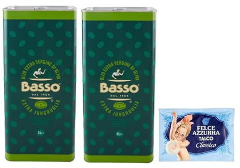2er-Pack Basso Olio Extra Vergine di Oliva,Natives Olivenöl Extra,Ideal für alle Anwendungen in der Küche,5Lt Dose + 1er-Pack Kostenlos Felce Azzurra Talkumpuder, 100g-Beutel