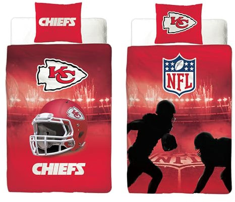 BERONAGE NFL Kansas City Chiefs Bettwäsche 135 x 200 cm + 80 x 80 cm 100% Baumwolle Renforcé-Linon-Qualität Reißverschluss American Football Fan Super Bowl Nation Kingdom deutsche Größe