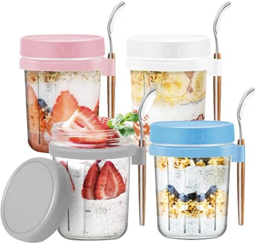Collazoey Lot de 4 bocaux à yaourt Overnight Oats, 350 ml Réutilisable Bol Yaourt a Emporter avec Marques de Mesure Mason Jars pour pour les Salades, les Céréales, le Lait, le Porridge