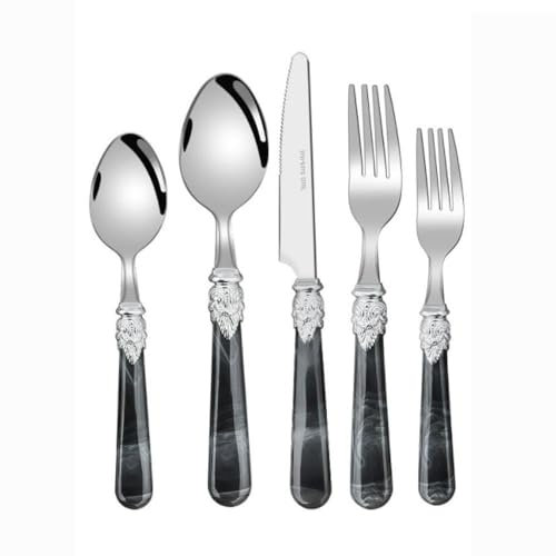 Royal Shang Youpin Marble Handle Silverware Tableware Set, 18/10 Stainless Steel Flatware Set, Steak Table Knife Fork Spoon Fruit Fork Teaspoon Cutlery Sets (Black,5 pieces)