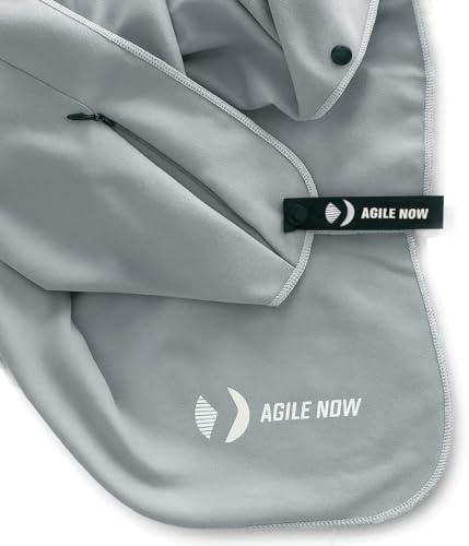 AGILE NOW Fitness Handtuch – Multifunktionales Mikrofaser Gym Handtuch mit Kapuze, Magnetclip und Reißverschlusstaschen, Sporthandtuch Fitnessstudio, Gym Zubehör HELLGRAU