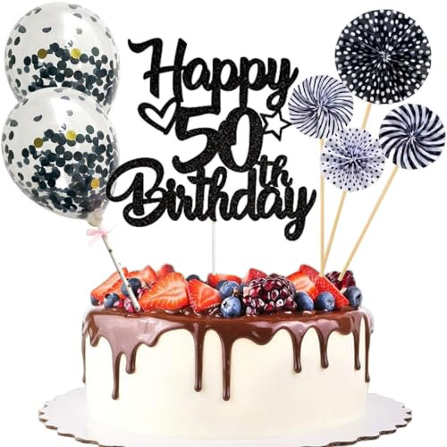 Anlgdi Tortendeko 50. Geburtstag Mann Frau, Kuchen Topper Happy 50th Birthday Schwarz, Glitzer Cake Topper 50. Geburtstag Ballons Konfetti Papierfächer für Geburtstagstorte Deko 50 Jahre Frauen Männer