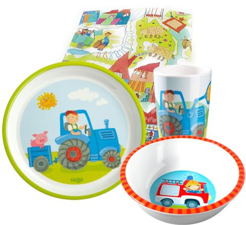 Haba Geschirrset Traktor mit Feuerwehr Schüssel Melamin Kindergeschirr Geschenkset (mit Schüssel Feuerwehr)