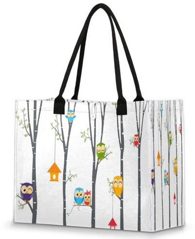 Funnt Eulen-Handtasche für Damen und Mädchen, Eulen-Baumzweig-Tragetasche, große Kapazität, Schultertasche, Einkaufstasche für Schule, Reisen, Arbeit, farbig, XX-Large