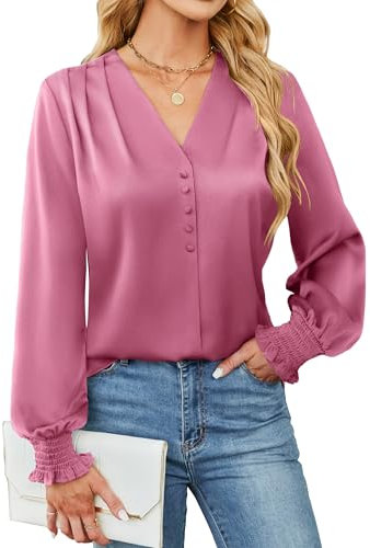BMJL Damen-Blusen, elegant, lässig, Satin, Seide, Langarm-Shirts, Business, Casual, Pink, X-Groß