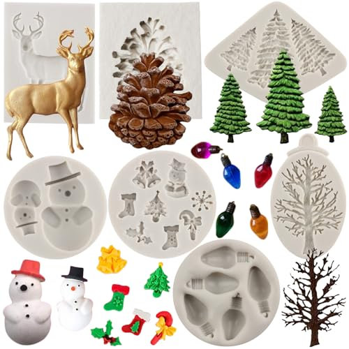 MYPRACS Christmas Fondant Moulds Christmas Tree Snowflake Snowman Pine Cone Reindeer Light Bulb Holly Leaves Candy Chocolate Silicone Moulds For Cake Decorating Cupcake Gum Paste Polymer Clay Set Of 7