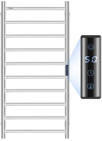 VEVOR Radiateur Sèche-Serviettes Électrique 10 Barres, Porte-Serviettes Chauffant Mural, Chauffe-Serviettes à Température Réglable, Étanche IPX5, avec Minuterie et Écran d'Affichage LED, Salle de Bain