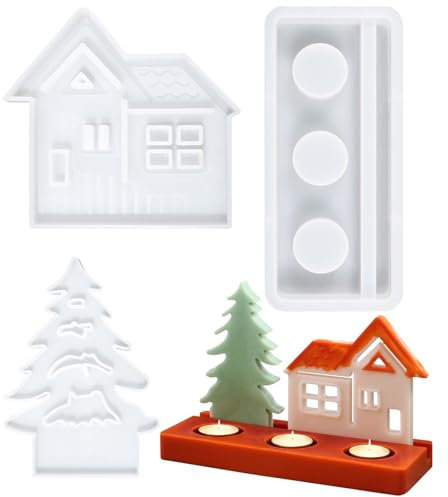 Liwein Stampi per Candele, Stampi per Candele Natalizie, Stampi in Resina, Stampi in Silicone per Alberi e Casette di Natale con Base, Set di 3 Pezzi Per Lavori di Bricolage
