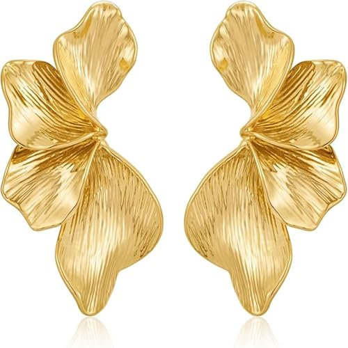 GAUEIOUR Flower Earrings Gold Sculptural Floral Earrings,Bohemian Statement Petal Earring,Retro Alloy Textured Geometric Irregular Earring,Summer Cool Style Women's Accessories