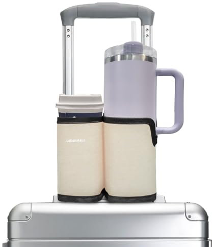 LebenHaus Off-White 2 in 1 Luggage Cup Holder for Suitcase, Airplane, Stanley Cup, Travel Cup Holder, Luggage Accessory, Drink Organizer