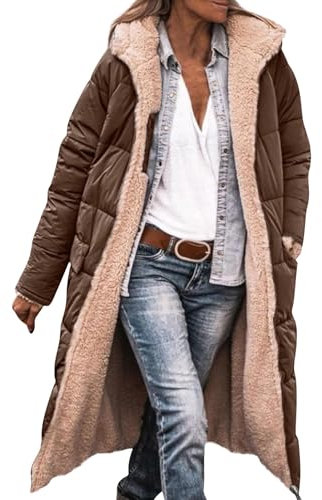 FUPODD Steppmantel Damen Lang Winter Verdickte Daunenmantel Mit Kapuze Winterjacke Warm Gefüttert Daunenjacke Zipper Puffer Jacke Frauen Casual Wintermantel Outdoor Winddicht Steppjacke Mit Taschen