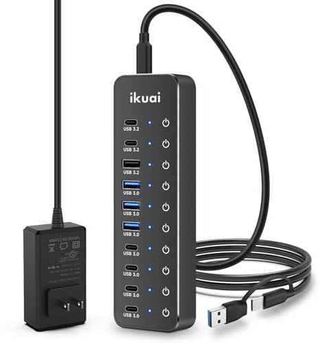 Hub USB alimentato, ikuai 10 porte USB 3.2/USB C Hub, con 3 porte dati da 10 Gbps e 7 porte USB 3.0 (4 USB-C + 3 USB-A) per Mac PC portatili e altro ancora