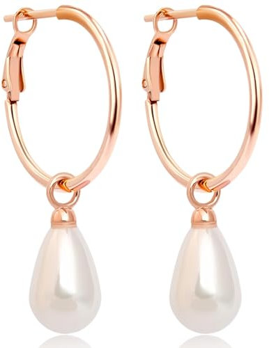 NOBEL Perlenohrringe Silber Rosegold 925 1.5 * 20MM Creolen hängende Ohrringe mit 13 mm weiße Perle Ohrringe für Frauen