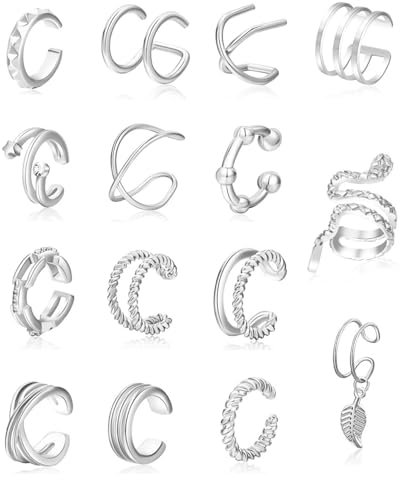 TOZBLEU Ear Cuff Set für Damen,15 Pcs Ear Cuff Set Damen Einstellbar Ohrclips Damen Ohne Ohrlöcher Knorpel Ohrmanschette Ohne Ohrloch Fake Piercing Ohrringe Earcuffs Set Ohrschmuck Ohrklemme,Silber