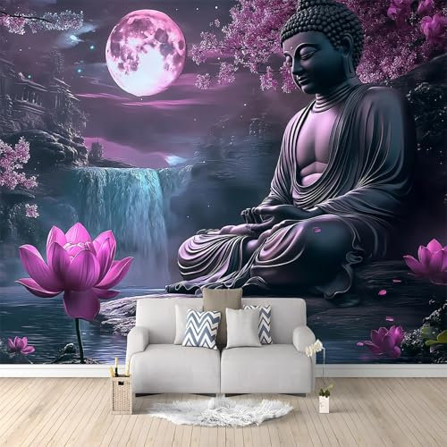 Lila Fototapete Panorama Wandbild 300 x 210 cm Bedruckte Vliestapete Wohnzimmer Kinderzimmer Wanddeko 3D Lotus Buddha tapeten Poster 3D effect Wandtapete