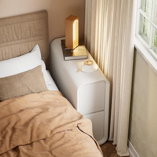 MSFE Nachtschrank aus Massivholz,Nachttisch schmal mit Lederoberfläche,20cm Beistelltisch Weiss mit 2 Schubladen, Installationfrei,klein Nachttisch weiß, für Schlafzimmer, Wohnzimmer