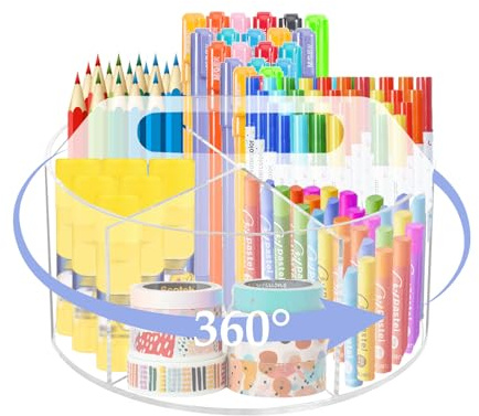 Longzhuo Bleistifthalter mit 360 Grad Drehung, Stiftehalter Drehbar mit 6 Fächern und Tragegriff, Transparent Stifte Organizer für Aufbewahrung Markern, Scheren und Stiften