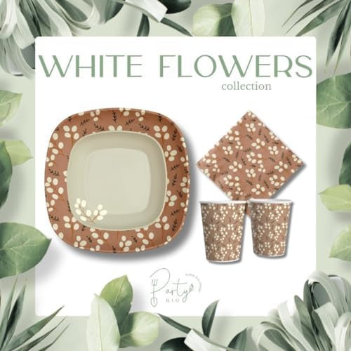 PartyBIO Set Fiori Bianchi 220 Pezzi Stoviglie Biodegradabili Monouso per Feste – Piatti Carta, Bicchieri, Tovaglioli Compostabili per 40 Persone – Ecologiche, Usa e Getta, per Compleanni, Eventi