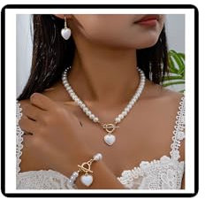 Dishowme Perle Herz Halskette Ohrringe Sets 4Pcs Vintage Kunstperle Armband Liebe Herz Choker Halskette Schmuck Sets für Damen Frauen (Weiß)