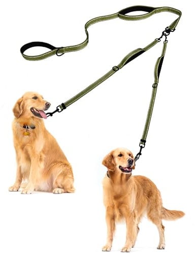 PetBonus Double Dog Leash, No Tangle Dual Leash, Reflective Walking Training Lead, 4 Comfortable Padded Handles for 2 Dogs with Collapsible Bowl and Waste Bags (Army Green, Large)