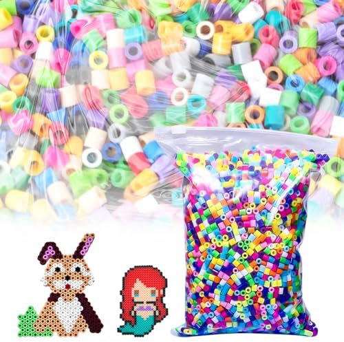 Bügelperlen Set Groß 10.000 Stück im Eimer - 20 Farben Sortiert (5mm, Midi, Pastell, Neon, Glitzer) inkl. Steckperlen - Tolle Ergänzung zu Den - Ab 3 Jahren - DIY für Kinder & Jugendliche