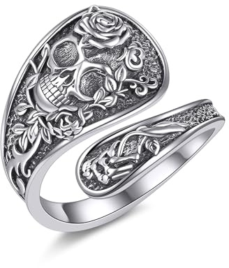 Tête de mort Cuillère Bague en argent sterling réglable Bague gothique Tête de mort Rosace Tête de mort Bijoux Femme Cadeau