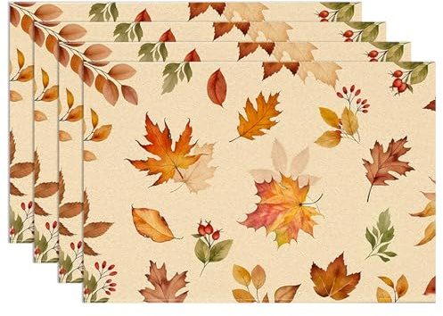 4er Herbst Tischdecke, Herbst Thema Tischsets Abwaschbar Platzdeckchen Stoff Platzset Tischset Stoff Herbstdeko Tisch Untersetzer Tischuntersetzer für Platzteller Besteck, 45x30cm, Blätter-Muster