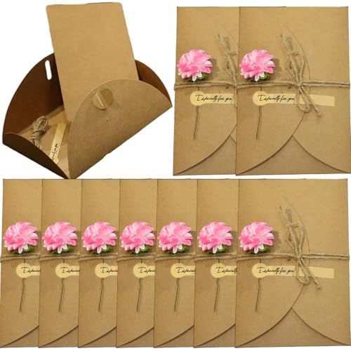 10 Stück Retro Kraftpapier Umschläge mit Handgemachte Getrocknete Blumen Lange Briefumschläge mit Herzverschluss Einladungskarte Umschläge Grußkarten Juteschnur‌ Aufkleber‌ für Hochzeit