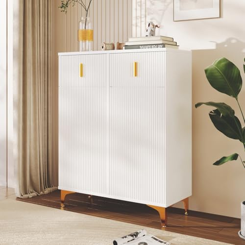 Schuhschrank mit Verstellbaren Einlegeböden, Schuhkommode mit 2 Schublade und 2 Türen, Schuhe Schrank mit Goldenen Griffen und Füßen, Shoes Cabinet für Dielen, Eingangsbereiche, 83x101x35cm, Weiß