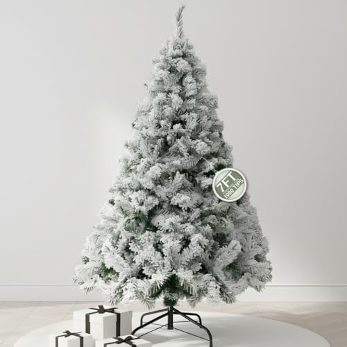 Pelle & Sol 7ft Snow Tipped, Flocked Christmas Tree with 1080 Snowy Tips - Artificial Xmas Decorations - Easy Assembly w/Metal Stand, Natural Look Frosted Christmas Tree
