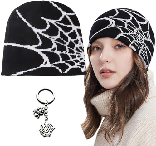 ZenyTra Harajuku Y2K Mütze Mit Spinnennetz-Print | Schwarz-Weiß Strickbeanie Unisex Für Streetwear, Daily Style, Festival, Party, Cosplay & Fotoshooting | Inkl. Spider Keychain (Black White)
