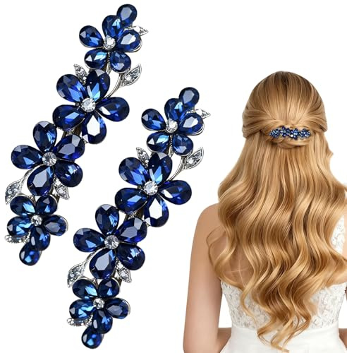 2 fermagli per capelli blu da donna, fermagli con strass e cristallo di alta qualità, accessori per capelli da donna con capelli sottili e spessi, presa sicura per varie acconciature
