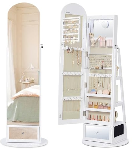 SONGMICS Schmuckschrank, mit bogenförmigem Ganzkörperspiegel, 3 Ablagen | Spiegelschrank, 360° drehbar, abschließbar, Oberfläche in Weiß, Innenfutter in Beige, AILEAS Kollektion JJC030WB01