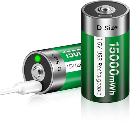 Palogreen Baterías USB D de litio de 15000 mWh, baterías recargables USB D de 1.5 V, carga rápida en 4 horas con cable de carga tipo C (2 unidades)