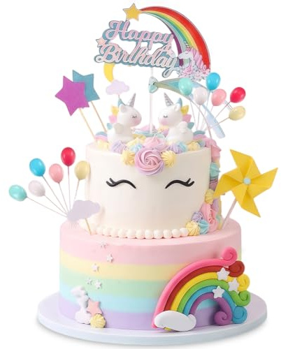 28PCS Unicorn Cake Toppers, Unicorn Rainbow Cloud Party Decorations with Stars Balls, Happy Birthday Cupcake Decor for Birthday Party
