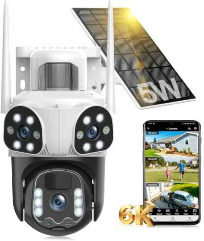 6K Solar Security Camera WiFi Outdoor Wireless for Home, 3 Lens, 5X Zoom | 360° PTZ, Auto Tracking, Siren, Night Color, 2.4G WiFi, 2-Way Audio, IP66, Ideal for Doorway/Garage/Yard/Warehouse/Farm