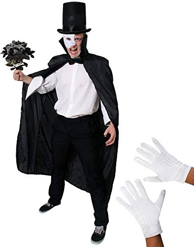 Herren-Kostüm mit Musik-Phantom-Motiv, weiße Maske, schwarze Fliege, schwarzer Kragen, Strauß schwarzer Rosen, Zylinder und Handschuhe, perfekt für Halloween-Kostüm (seitliche Halbmaske, 58cm Hut)
