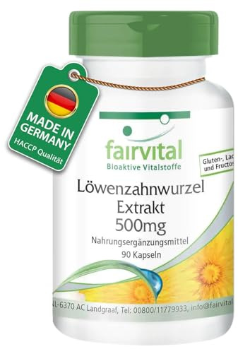 Capsule di tarassaco, 500 mg di estratto di radice di tarassaco per capsula, ALTO DOSAGGIO, concentrato 10 volte, VEGANO, 90 capsule
