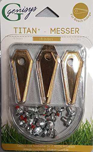 18 Titan Ersatz-Messer Qualitäts-Klingen 'SCHARF' 2-seitig wendbar für Bosch Indego Mähroboter + Schrauben
