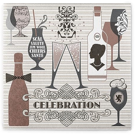 Sovie HOME Serviette Celebration in Grau-Altrosa aus Linclass Airlaid, 40 x 40cm, 1/4 Falz, 12 Stück, festliches Design mit Sektgläsern, Weingläsern, Flaschen und Ornamenten, Ideal für Partys