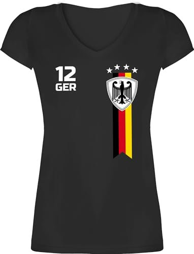 T-Shirt Damen V Ausschnitt - Fußball EM - WM Fan Deutschland - S - Schwarz - Deutschland-t-Shirt fußball-Fanartikel Europameisterschaft German Shirts Deutschland-Trikot fußballtrikot Fussball