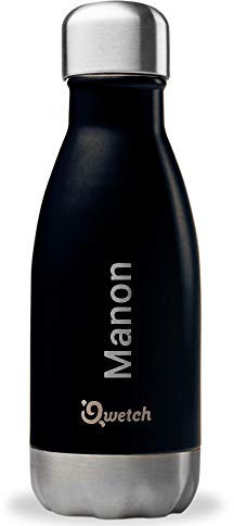 QWETCH Bouteille Isotherme Personnalisée Gravée en INOX 260ml - Maintient Vos Boissons au Chaud Pendant 12 Heures & au Frais Pendant 24 Heures – BPA Free (Noir)