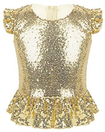 inhzoy Kinder Mädchen Pailletten Top T-Shirt Glitzer Shirt Oberteil Glitter Top Tanzoberteile Party Fest Geburtstag Verkleidung Gold 134-140/9-10 Jahre
