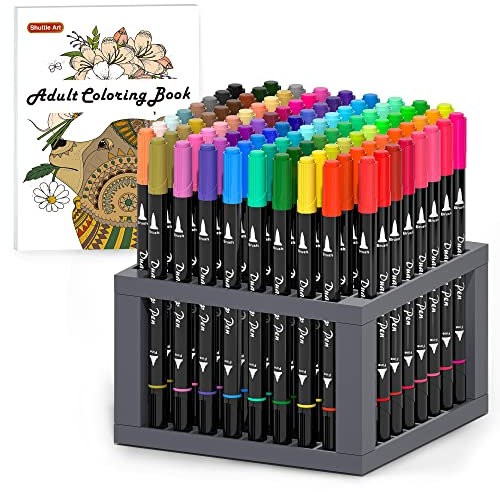 Shuttle Art Dual Brush Pens, 96 bunte doppelköpfige Pinselstifte mit weicher Spitze, zwei Schreibfedern: Fasermaler (1mm) und Fineliner(1-4mm), für Kinder und Erwachsene mit 1 Malbuch zum Schreiben