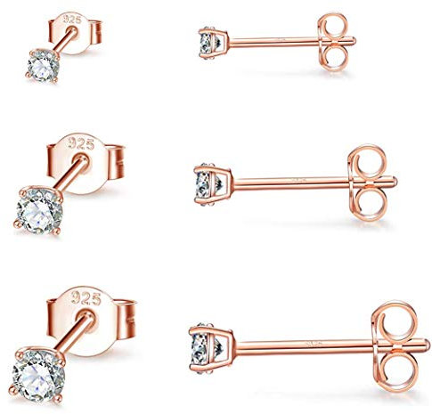 Gulicx 3 Pairs Silver Rose Gold Stud Earrings Set for Women Girls, Hypoallergenic 925 Stering Silver Round Cubic Zirconia Simulated Diamond Stud Earrings, Small Sleeper Cartilage Studs,Size:2,3,4mm